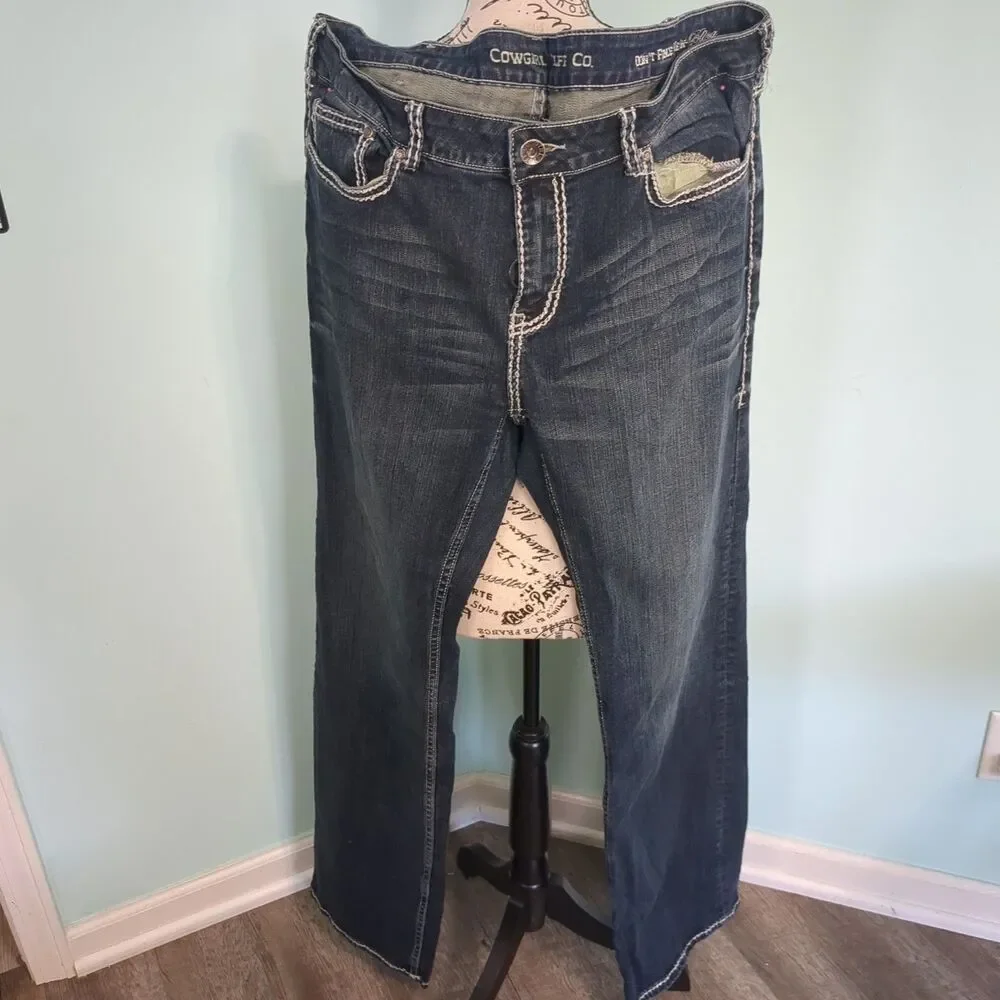 Cowgirl Tuff Jeans Womens 36x37 Don't Fence Me In Bootcut Blue Stretch Zip Fly